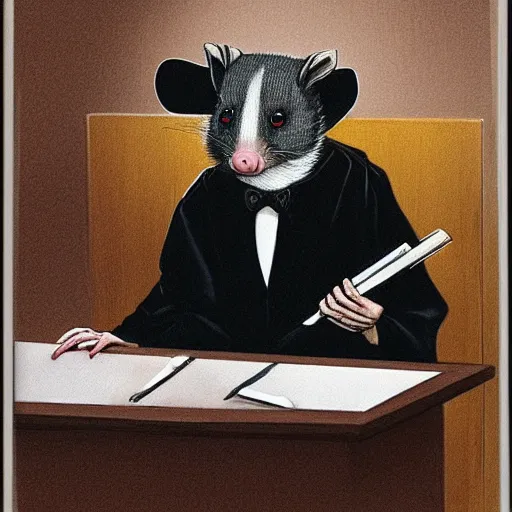 Image similar to an opossum as a judge wearing a black robe, sitting behind the desk in court, slamming his gavel, angry looking