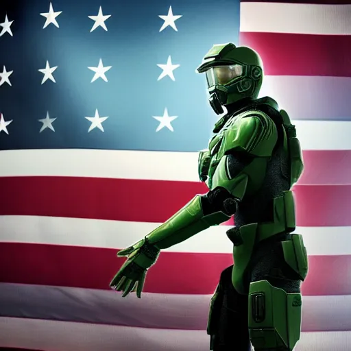 Prompt: a highly detailed photograph of barak obama as master chief, standing in front of a massive american flag, photorealistic, wallpaper, lifelike