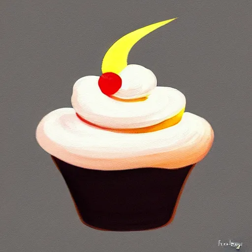 Prompt: cupcake logo painting by tim biskup and afshar petros, matte background, sharp contours, minimal, trending on artstation