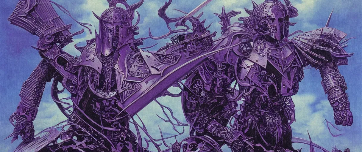 Prompt: composition of gothic and futuristic, warhammer, cyber japan samurai armor, more and more scars, storm, blue head, purple, the middle ages, highly detailed, artstation, in the style of moebius, jugendstil and classic japanese print, art by jean delville and rene magritte