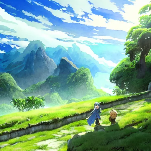 Prompt: watercolor, wallpaper, 4 k, digital art, photorealism, realistic, unity, unreal engine, blue skies and rolling green fields, rpg isekai adventurers, anime, mountains, by hayao miyazaki, by studio ghibli, high quality, stunning, amazing work of arts, inspirational