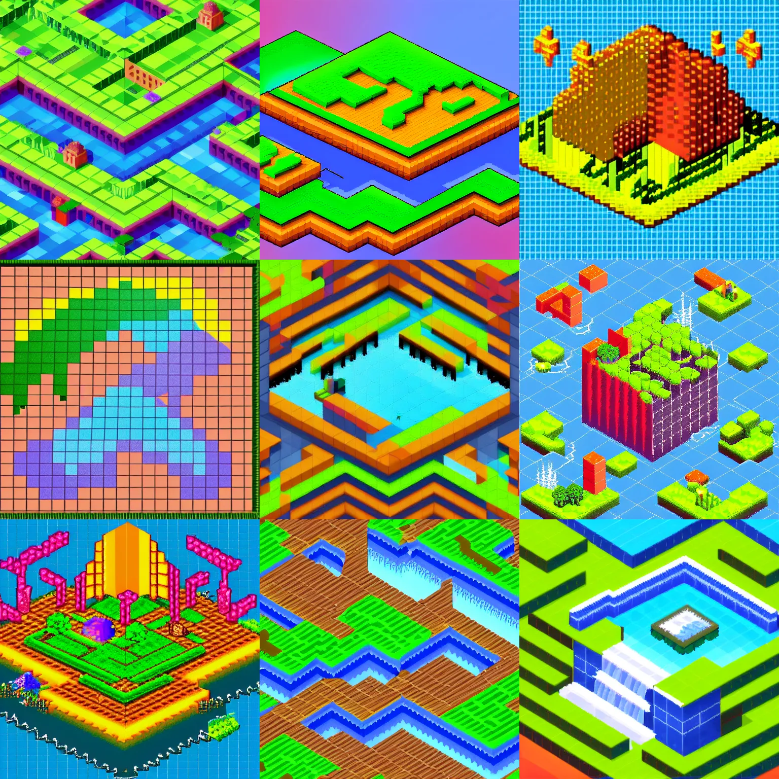 Prompt: Isometric pixel art of the earth, turtles below the earth, waterfalls at the edges, gorgeous glowing space background, award-winning isometric pixel art