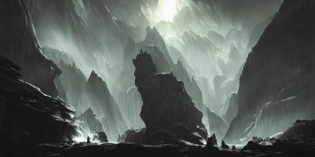 Prompt: epic dark cave matte painting by anato finnstark by peder balke by peder balke by chip zdarsky, rocks and stone dark mystic. single ray of light in center illuminating a large sword. artstation brushed illustrated print epic agony desperate metal kvlt nordic noir cave dark widescreen format videogame title