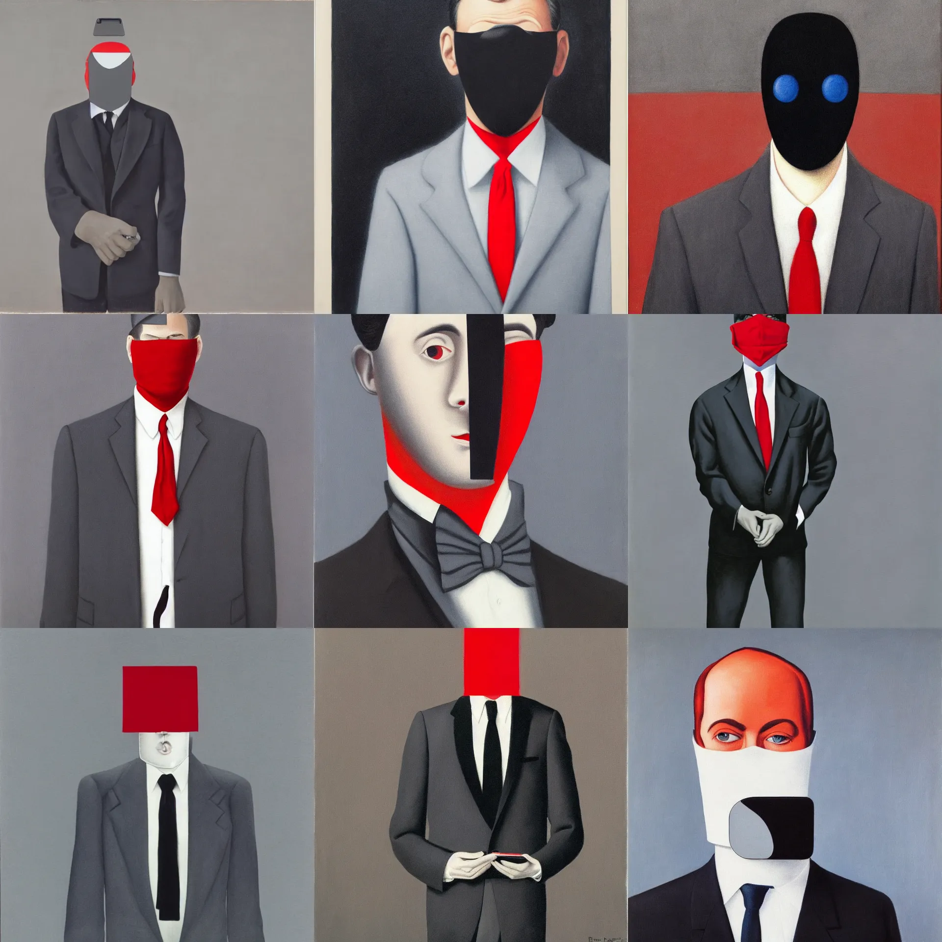 Prompt: front view portrait of a man with an iphone screen covering his face, wearing dark grey suit, white shirt, red tie, black pants, blue / grey background, painted by rene magritte