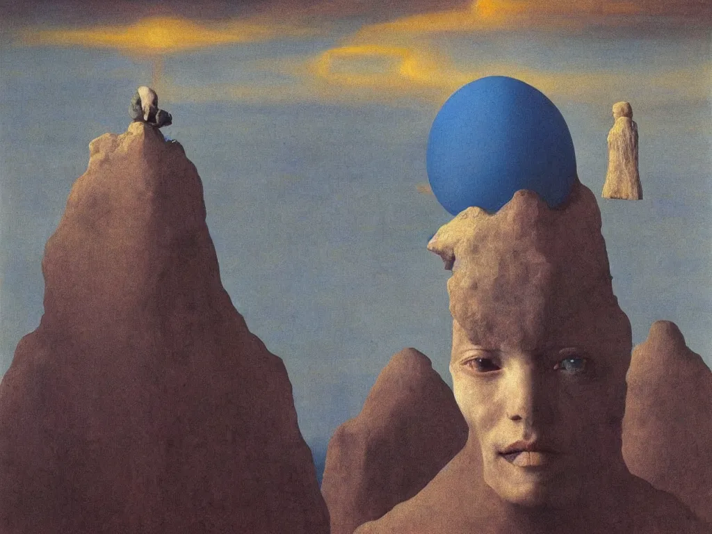 Image similar to Portrait of albino mystic with blue eyes, with the sacred glowing rock in the lithium salt desert. Painting by Jan van Eyck, Beksinski, Rene Magritte, Agnes Pelton, Max Ernst, Walton Ford