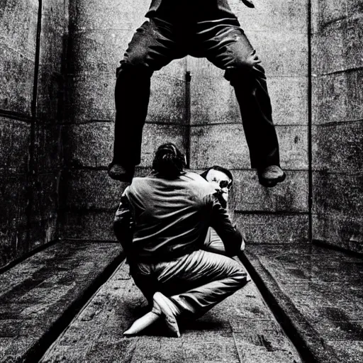 Prompt: a man climbing out of the mouth of a kneeling man very cinematic surrealist exquisite award winning detail dark horror anxiety grotesque body horror weird uneven unrealistic proportions dark creepy