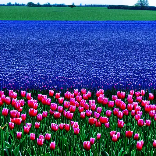 Image similar to A 4k photo of a field of tulips, blue skies, high contrast, early morning