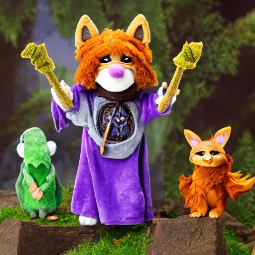 Prompt: dungeons and dragons foxfolk wizard druid as a chibi muppet plush wearing an ethereal star filled mage robes inspired by the star touched elves from dragon prince, photorealistic, photography, national geographic, sesame street