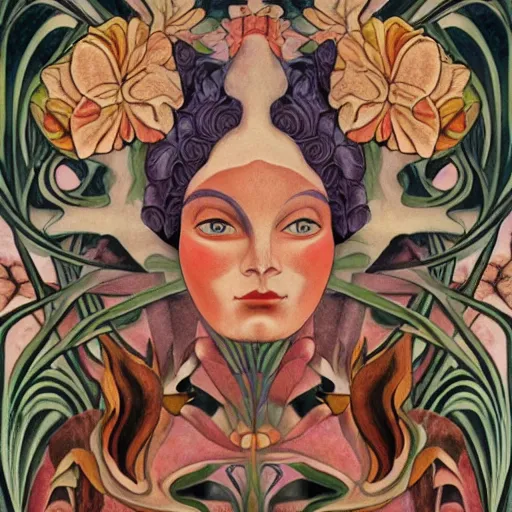 Image similar to a facemask made of stylized flowers, by evelyn de morgan and diego rivera and john watkiss and annie swynnerton, art deco shaman, art brut, symbolist, dramatic cinematic lighting, god rays, iridescent beetles, clean crisp graphics, smooth sharp focus, extremely detailed