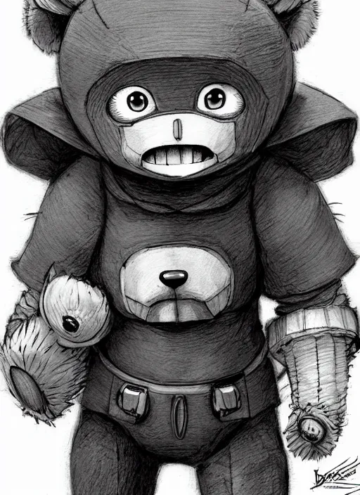 Image similar to beautiful little boy wearing an cyborg bear suit, artwork in kentaro miura and made in abyss and rosdraws, smooth, beautiful lightness, anatomically correct, trending on pixiv, forest