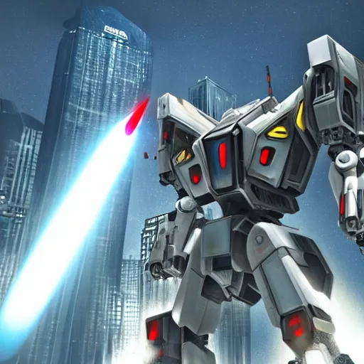 Image similar to A highly detailed photo of a giant futuristic mech launching missiles and firing lasers in a city