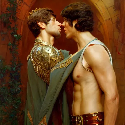 Image similar to attractive fully clothed king confesses his love for his attractive fully clothed male prince. highly detailed painting by gaston bussiere, craig mullins, j. c. leyendecker 8 k