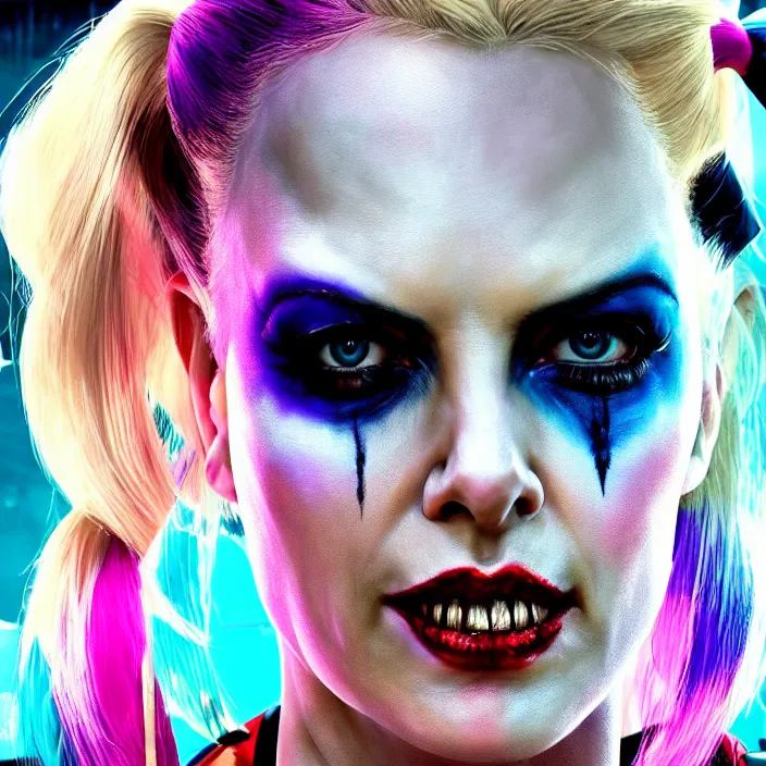 Image similar to portrait of charlize theron as a harley quinn in suicide squad. intricate abstract. intricate artwork. by tooth wu, wlop, beeple, dan mumford. octane render, trending on artstation, greg rutkowski very coherent symmetrical artwork. cinematic, hyper realism, high detail, octane render, 8 k, iridescent accents