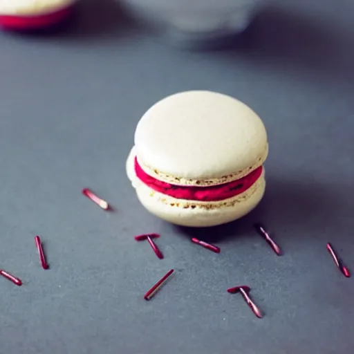 Image similar to needles and pins sticking out of macaron on a tiny plate