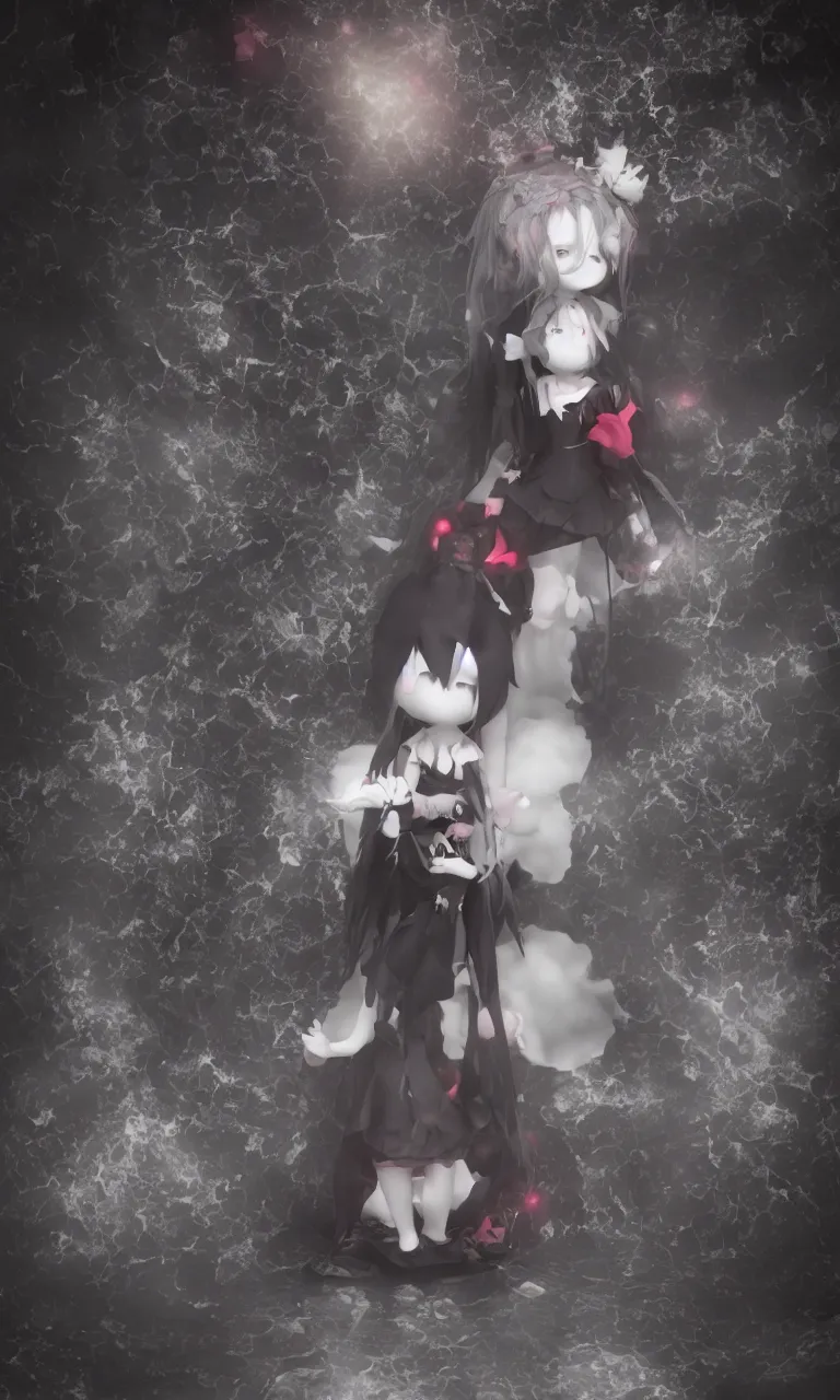 Image similar to cute fumo plush girl enigmatic gothic maiden standing in the center of the dark abyss, vignette, vray