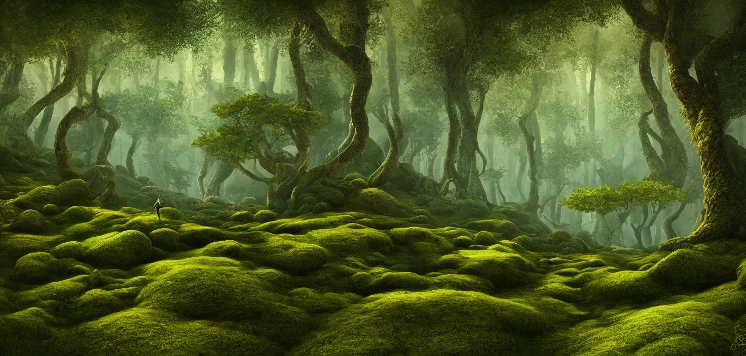 Image similar to random forest landscape, moss, incredible, vector art, octane render, fabulous, hyper detailed, random cinematic view, no noise, global illumination, warm lighting, volumetric, godrays, vivid, beautiful, style maxim shkret