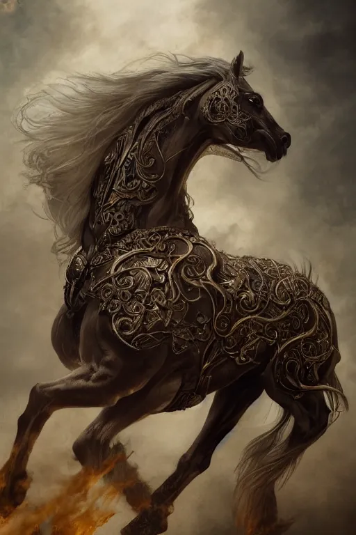 Prompt: 3 quarter view photography portrait of a prince stalion horse , organed, tatooed, intricate details, muscles, elegant, divine, illustrated by greg rutkowski and Akira Saito and Peter mohrbacher, 4k,