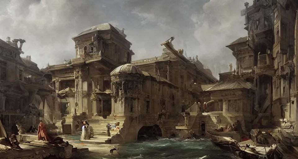 Image similar to painting zaha hadid building by hubert robert very very detailed cinematic peasants