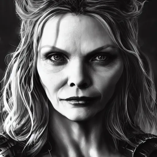 Image similar to michelle pfeiffer portrait, dystopia core, apocalyptic, armor, warrior, dramatic, sharp focus, fiction, neon, fantasy, hyper detailed, digital art, trending in artstation, cinematic lighting, studio quality, smooth render, unreal engine 5 rendered, octane rendered, art style and nixeu and wlop and krenz cushart