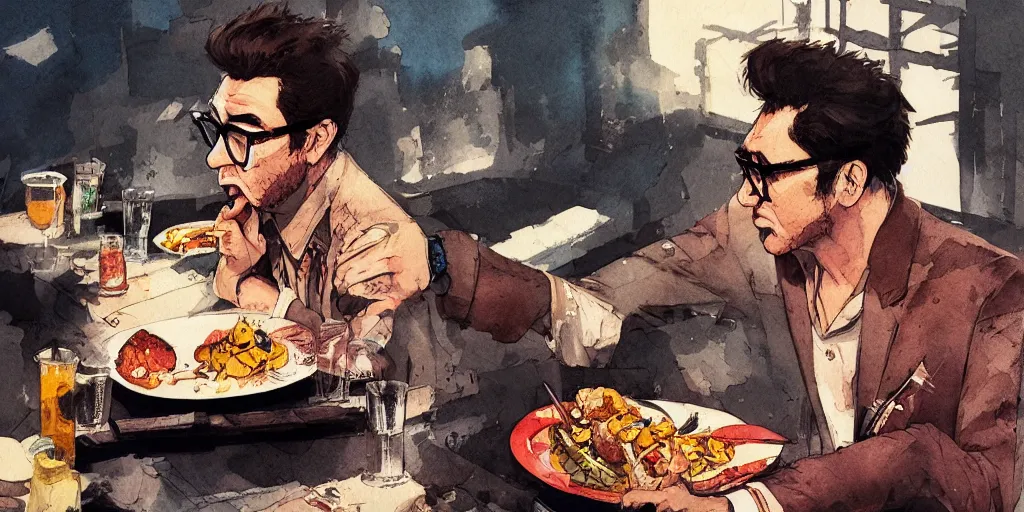 Image similar to cartoonish elvis costello eating dinner, vivid colors, character sheet, fine details, concept design, contrast, kim jung gi, greg rutkowski, watercolor, trending on artstation, 8 k, full body, turnaround, front view, back view, ultra wide angle