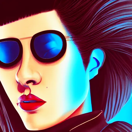 Image similar to closeup painting of a very beautiful young mexican cyberpunk woman smirking, wearing light blue shutter shades and a dark brown leather jacket, one side haircut, long brown hair with light blue ends, portrait, hyperdetailed, artstation, cgsociety, 8 k, synthwave by tangerine dream