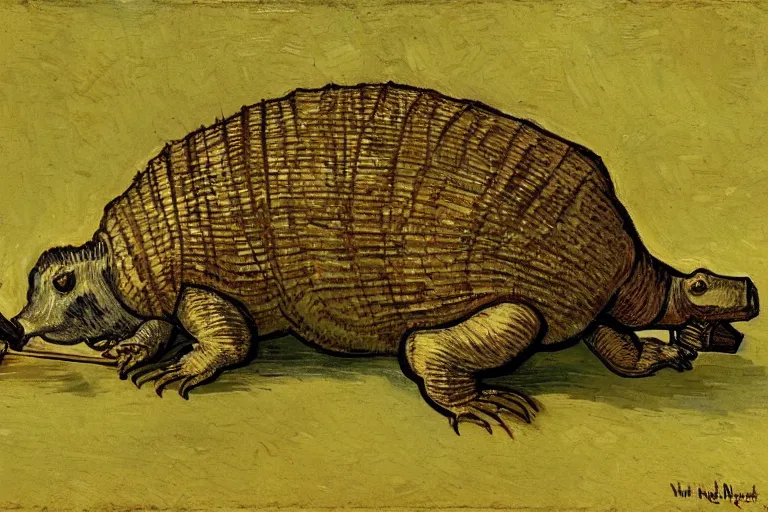 Image similar to an armadillo smoking a joint by vincent van gogh, digital art,