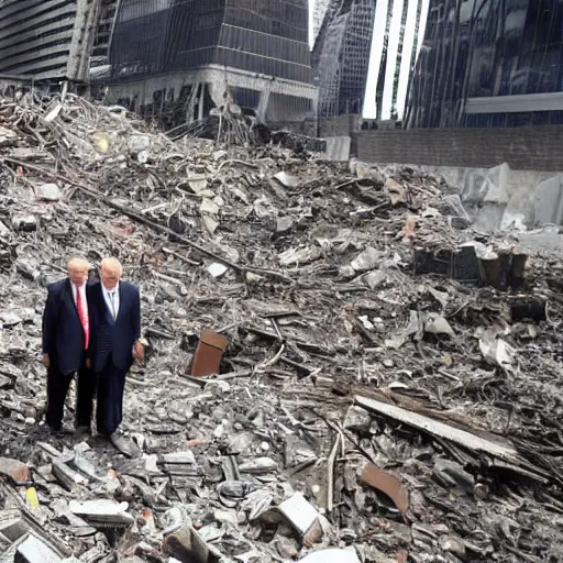 Image similar to a wide shot of Rudy Giuliani and Donald Trump holding hands on top of the world trade center rubble pile in new york