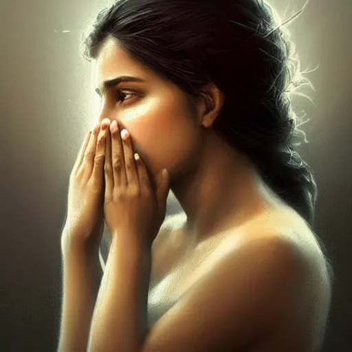 Image similar to Stunning portrait of Beautiful Indian womans face with her hands covering her eyes. Soft render, Greg Rutkowski details, Tears pouring down from her eyes, music album cover, artstation, pixivi