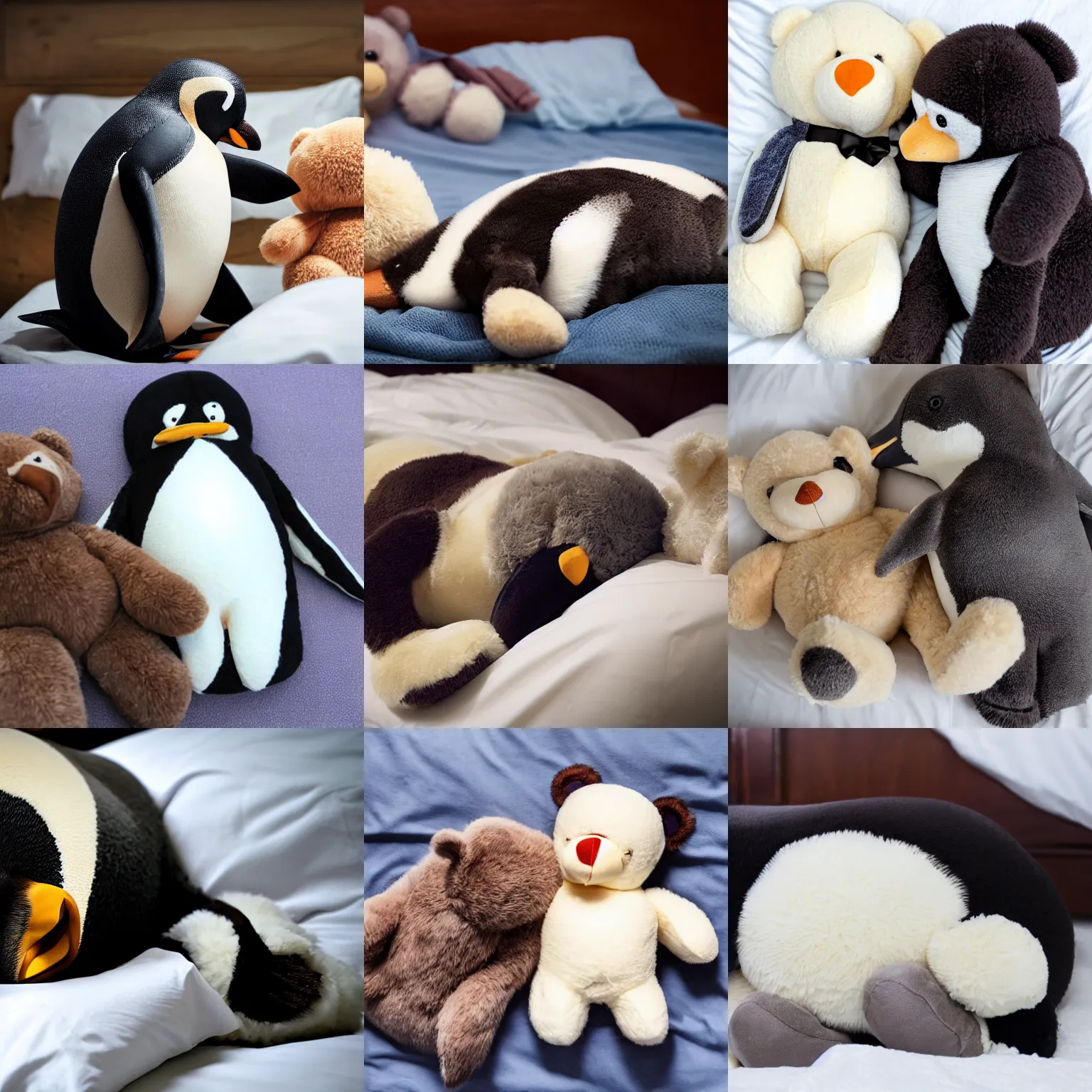 Prompt: penguin sleeping in bed with teddy bear
