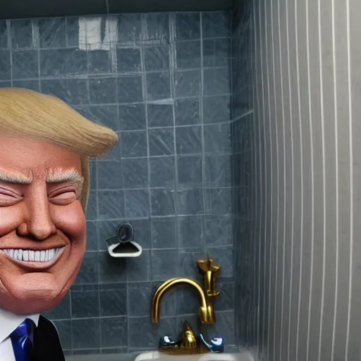 Image similar to a selfie of donald trump in his toilet, extremely happy, highly detailed skin, photo