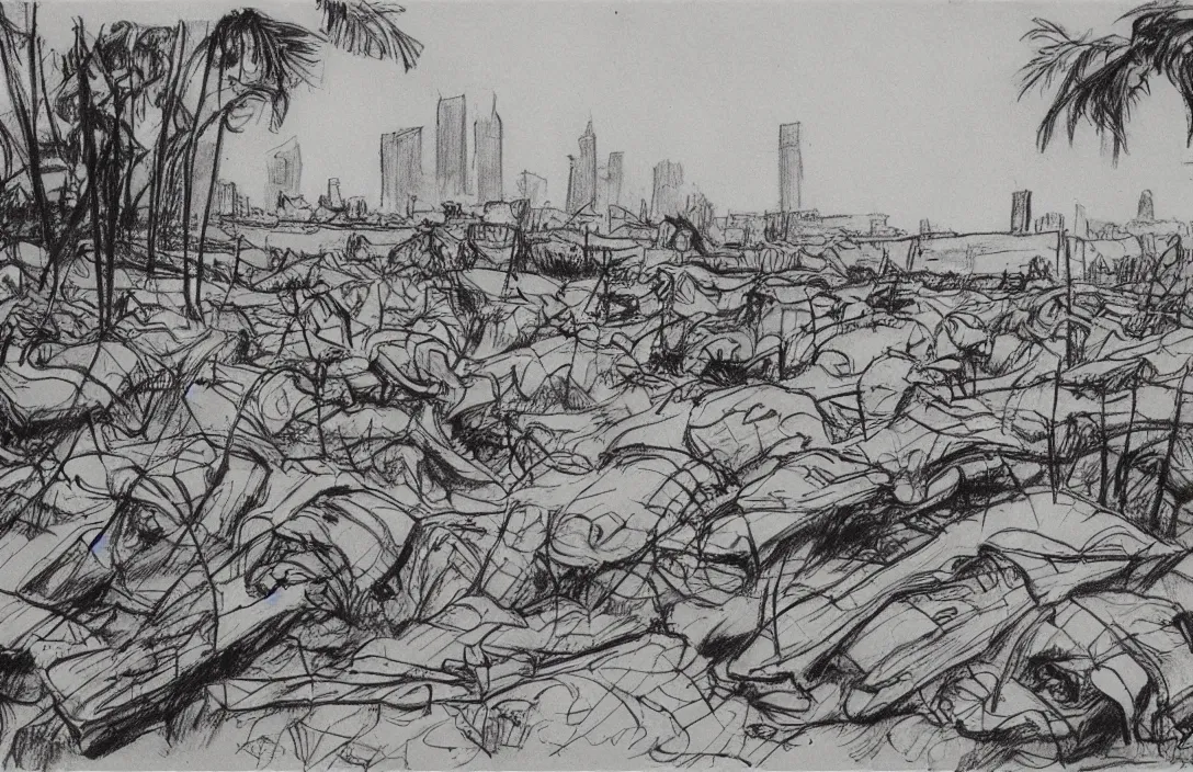 Image similar to milt kahl sketch of world war 1 trenches with the city of miami in the background