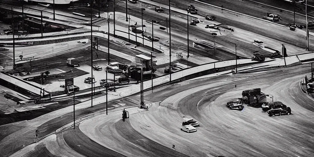 Prompt: “American dystopian highway in the style of Kurosawa”