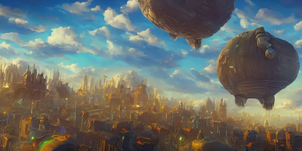 Image similar to a city in the style of piltover from arcane, blimps in the sky, blue skies, soft clouds, trending on artstation