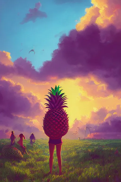 Prompt: closeup, giant pineapple above head, girl surrounded by djungle, surreal photography, golden hour, colorful clouds, impressionist painting, digital painting, artstation, simon stalenhag