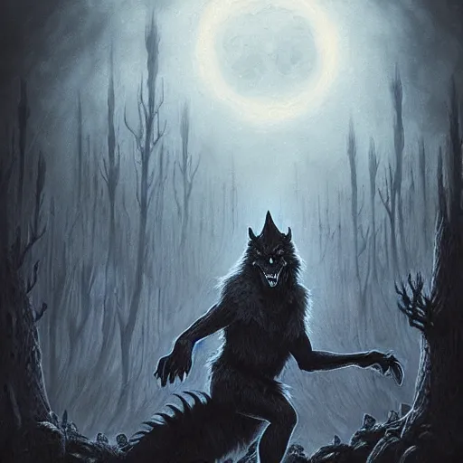 Prompt: Werewolf, Fantasy Illustration in the style of Mohrbacher, gothic artstyle, 4k masterpiece, Moody lighting with fog