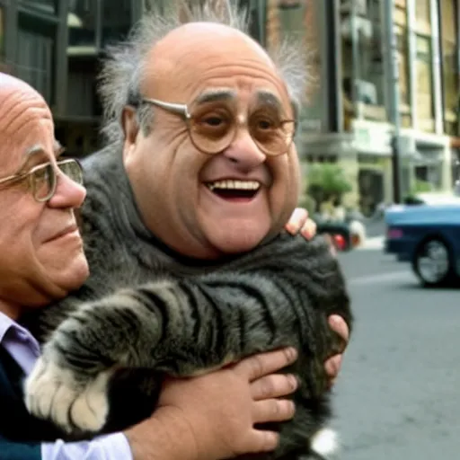 Prompt: danny devito and a huge cat in the city