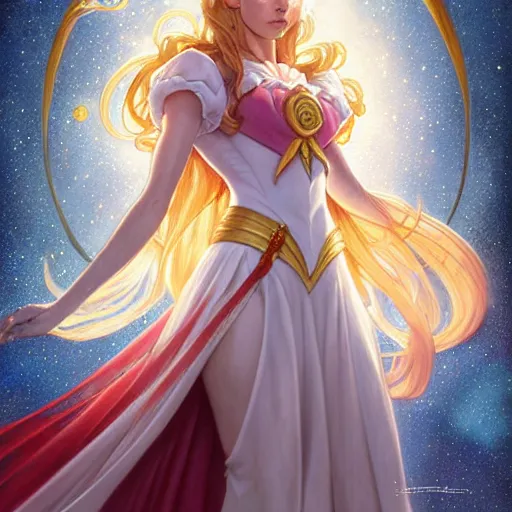 Prompt: Charlotte Casiraghi as Sailor Moon, western, D&D, fantasy, intricate, elegant, highly detailed, digital painting, artstation, concept art, matte, sharp focus, illustration, art by Artgerm and Greg Rutkowski and Alphonse Mucha