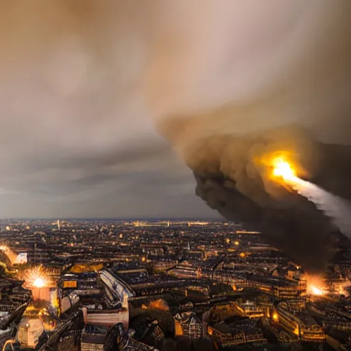 Prompt: bombing raid from aerial view world war 2 fire, london, volumetric lighting, nighttime