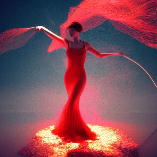 Prompt: woman dancing underwater wearing a long flowing dress made of red and yellow wire, coral sea bottom, swirling schools of silver fish, swirling smoke shapes, octane render, caustics lighting from above, cinematic, hyperdetailed