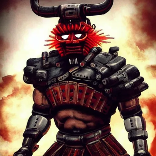 Image similar to very buff very huge very muscolar excessively big buff samurai wearing a scary Oni mask. Cybernetic cyber cybernetic cyber cyberpunk. Sci-fi movie still