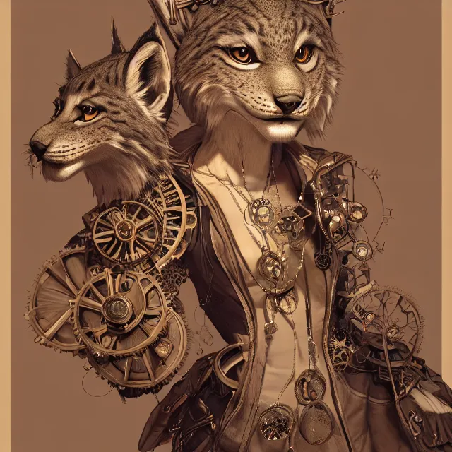 Image similar to the portrait of anthropomorphic lynx fursona wearing a steampunk dress as unimaginably beautiful, gorgeous, elegant, young lynx, an ultrafine hyperdetailed illustration by kim jung gi, irakli nadar, intricate linework, bright colors, octopath traveler, final fantasy, unreal engine 5 highly rendered, global illumination, radiant light, detailed and intricate environment