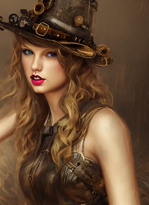 Image similar to steampunk portrait of Taylor Swift, au naturel, hyper detailed, digital art, trending in artstation, cinematic lighting, studio quality, smooth render, unreal engine 5 rendered, octane rendered, art style by klimt and nixeu and ian sprigger and wlop and krenz cushart