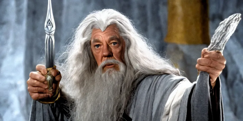 Image similar to Gandalf in the role of Captain Kirk in a scene from Star Trek the original series