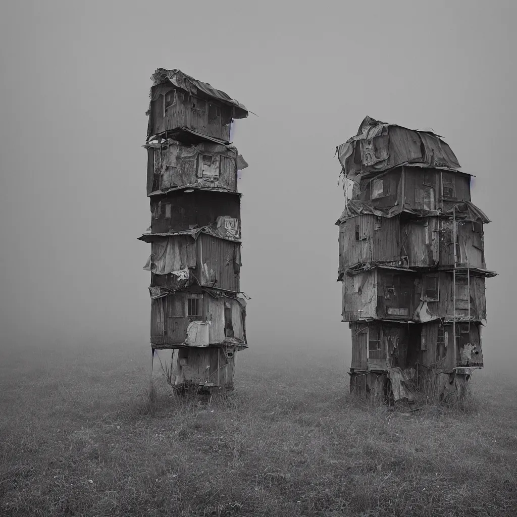 Prompt: two towers, made up of makeshift squatter shacks, uneven dense fog, dystopia, mamiya, fully frontal view, photographed by jeanette hagglund