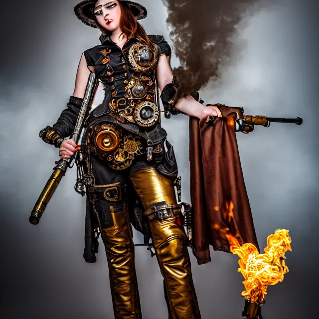 Image similar to full length photo of a beautiful steampunk warrior with a flamethrower, 8 k, hdr, smooth, sharp focus, high resolution, award - winning photo