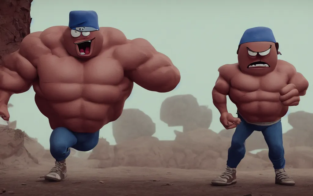 Image similar to muscle man from regular show, atmospheric, mist, epic, photorealistic, realistic, rule of thirds, extremely detailed, 4 k, 8 k, unreal engine 5 render, rim lighting, rtx, ray traced lighting, shot on 3 5 mm, film grain