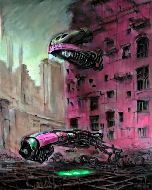 Image similar to hyperrealistic hyperdetailed rococo mecha iridescent pink coming out of dystopian city ruins concept art santiago caruso de chirico sharp very dramatic green light 8k low angle shallow depth of field