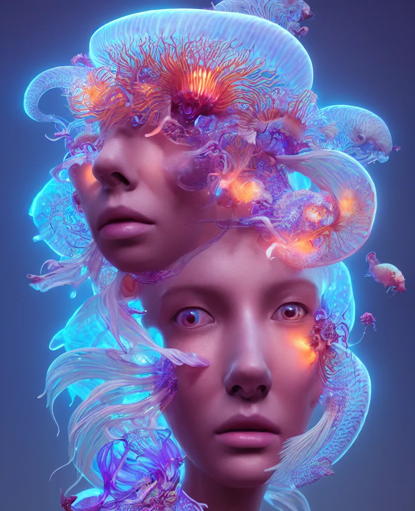 Image similar to goddess close-up portrait. chimera orchid jellyfish phoenix head, nautilus, skull, betta fish, bioluminiscent creatures, intricate artwork by Tooth Wu and wlop and beeple. octane render, trending on artstation, greg rutkowski very coherent symmetrical artwork. cinematic, hyper realism, high detail, octane render, 8k