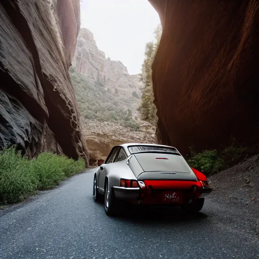 Prompt: cinematic photos of a porsche 9 1 1 9 6 4 cruising through a canyon