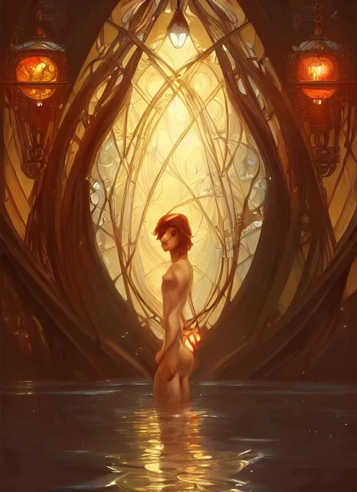 Image similar to water, glowing lights!! intricate elegant, highly detailed, digital painting, artstation, concept art, smooth, sharp focus, illustration, art by ( ( ( artgerm ) ) ) and greg rutkowski! and ( ( alphonse mucha ) )